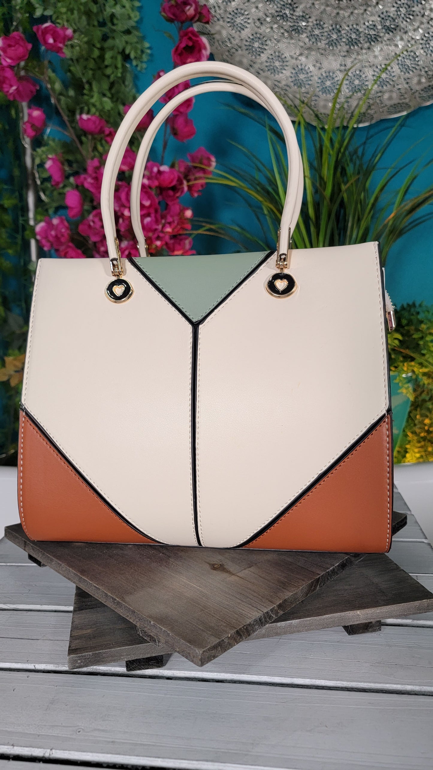 Cream Triangular PatchWork Handbag