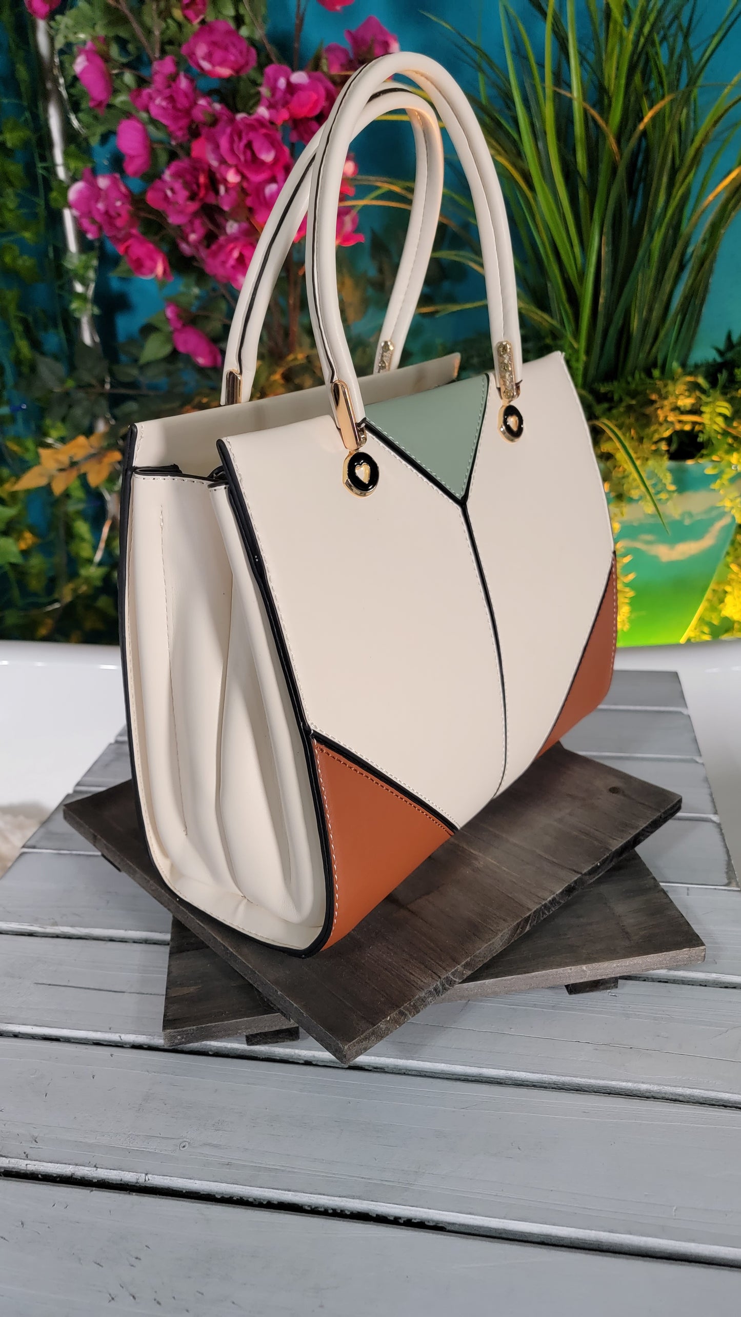 Cream Triangular PatchWork Handbag