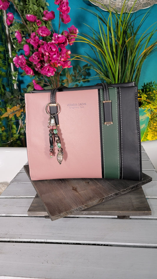 Pink Green and Black Faux Leather Stripes