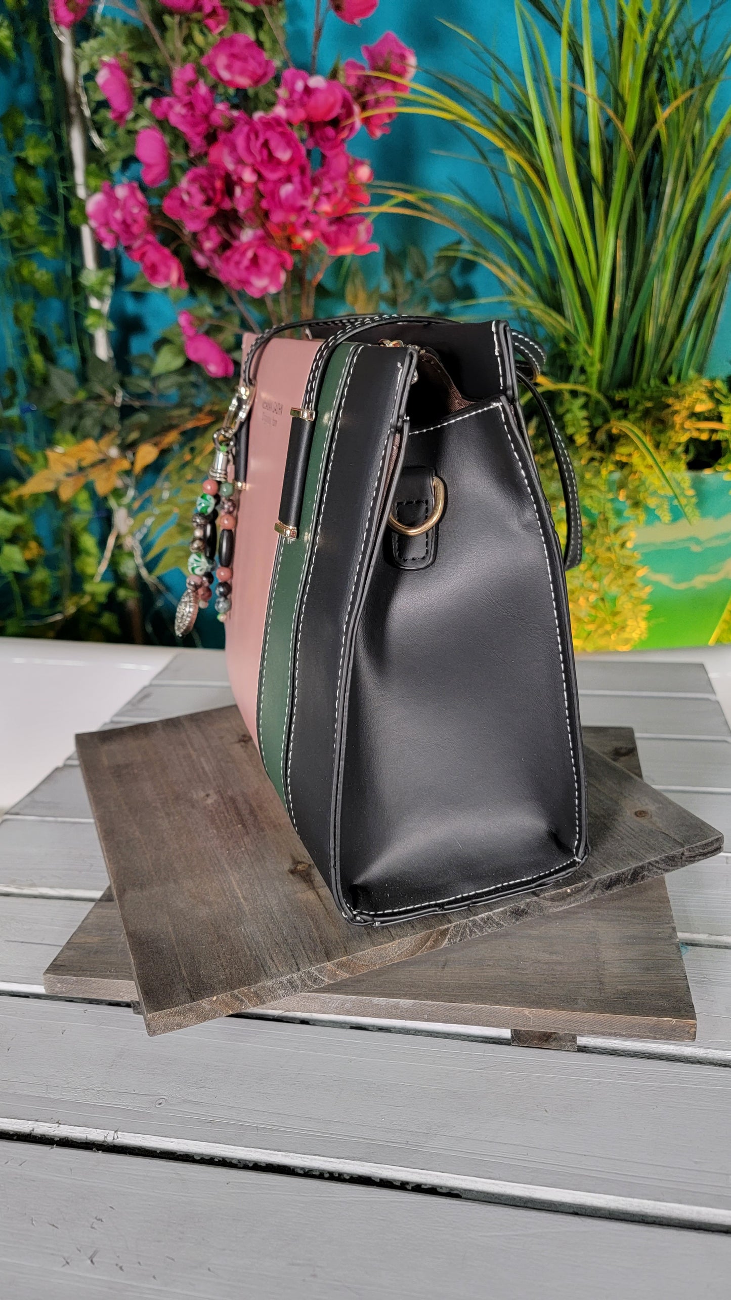 Pink Green and Black Faux Leather Stripes