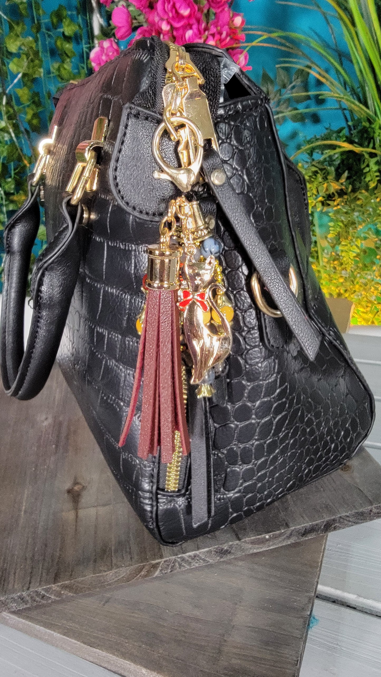 Black Croc with Kitty Charm